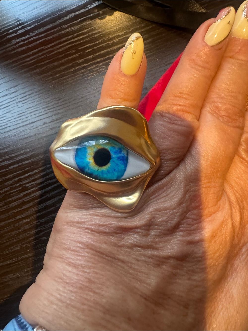 Schiaparelli gold tone Eye Statement Ring with Blue Center adjustable - Picture 8 of 12
